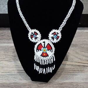 Native American Handcrafted Beaded Necklace with Red and White Accents